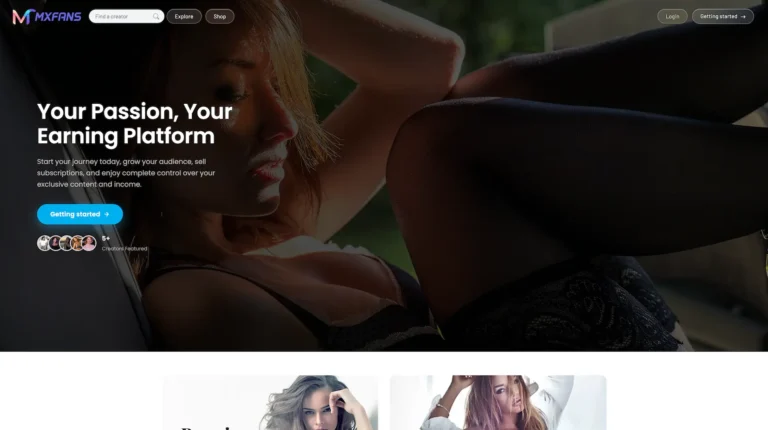 MXFans homepage showing a creator earning platform with subscriptions, exclusive content, audience growth tools, featured creators, login, and creator onboarding.