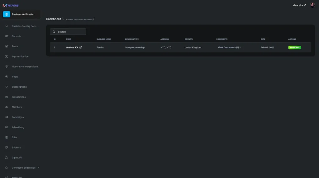 Miracuves onlyfans clone Business Verification Dashboard