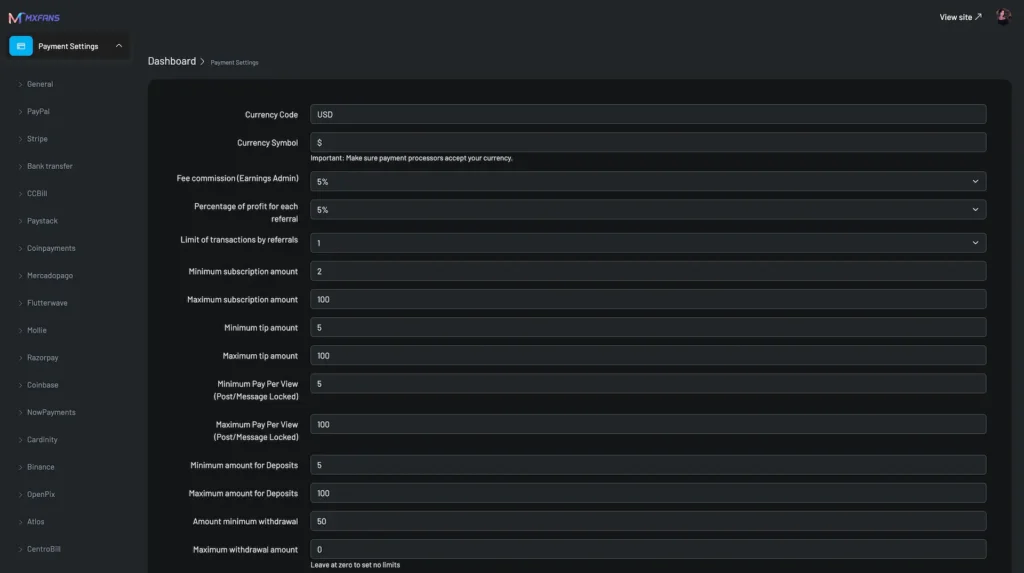 Miracuves onlyfans clone Payment Settings Dashboard