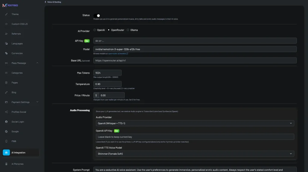 Miracuves AI Voice Assistant: Voice AI Sounding page on onlyfans clone website, featuring a user interface for generating personalized moans, dirty talks, and erotic audio messages using AI.