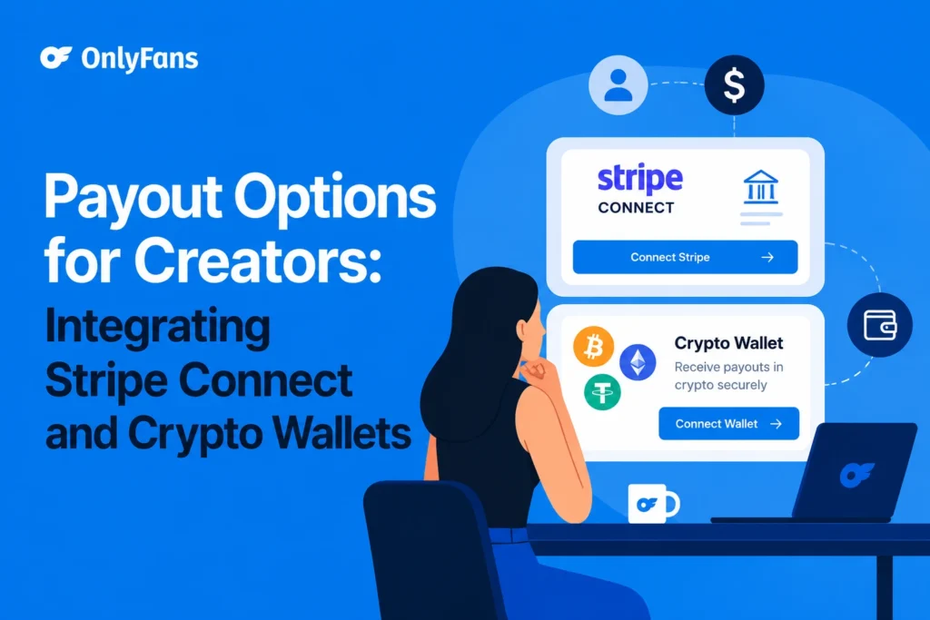 Woman using laptop and smartphone, two screens showing Stripe Connect and Crypto Wallet payout options.