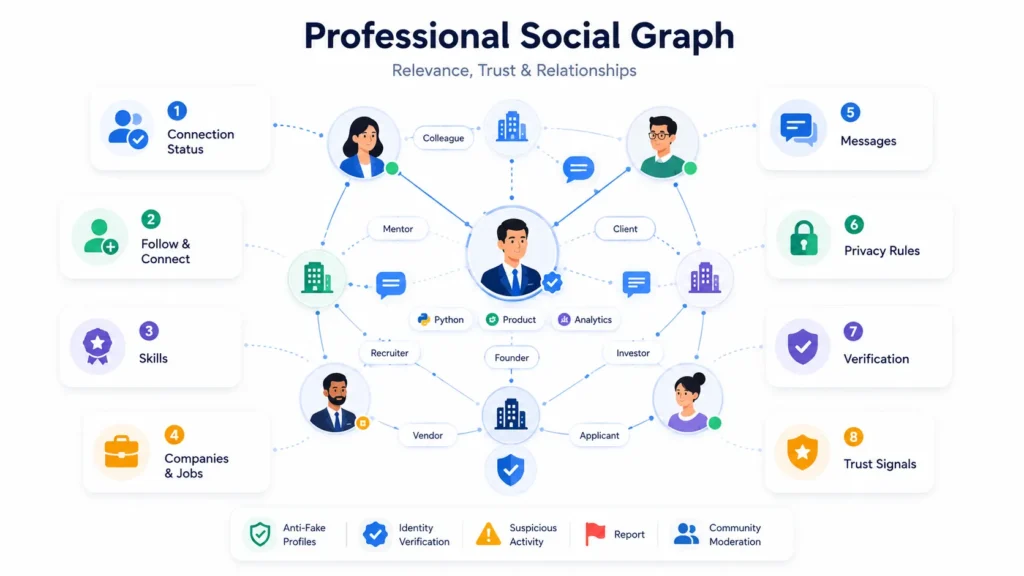 Professional social graph infographic showing networking relationships, connection status, messaging, skills, privacy controls, verification, and trust systems for professional platforms.