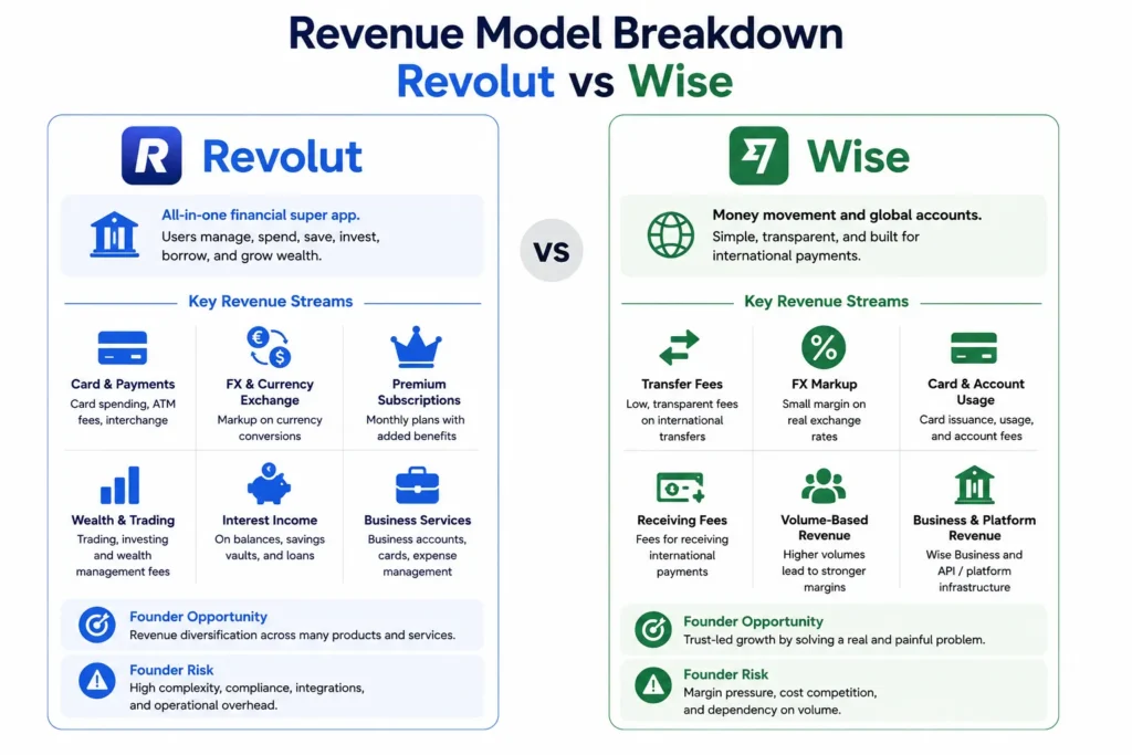 Simple comparison infographic showing Revolut vs Wise revenue models, with Revolut earning through subscriptions, card activity, FX and currency exchange, and business services, while Wise earns through transfer fees, FX markup, card and account usage, and transaction volume.