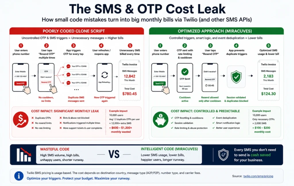 Duplicate OTP and SMS API calls increasing monthly app operating costs in poorly coded clone apps