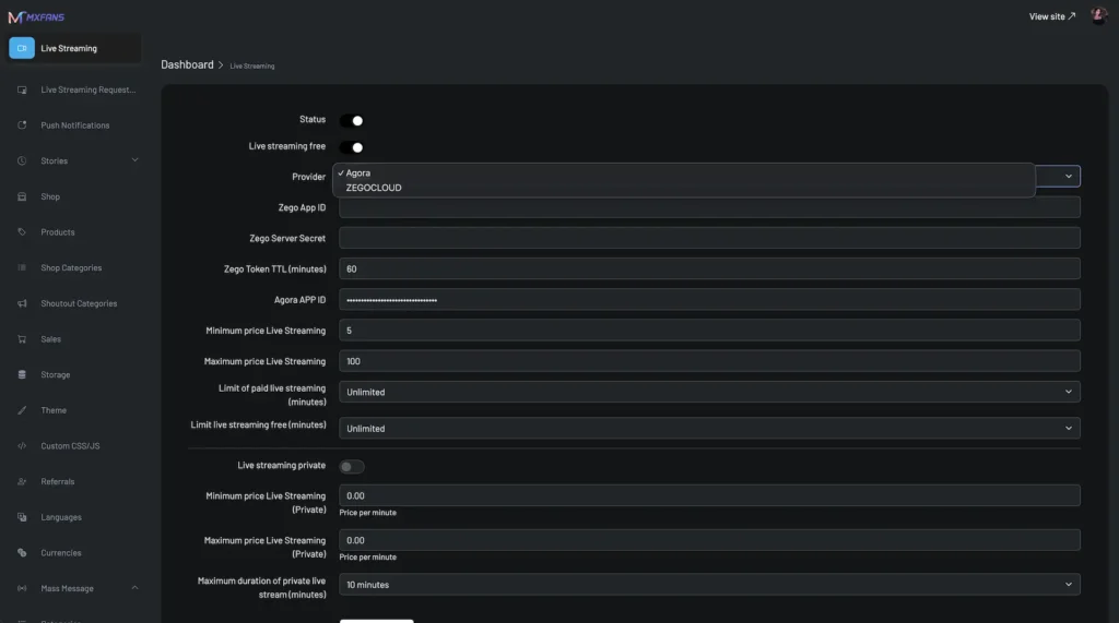 Miracuves development services: Live Streaming Dashboard