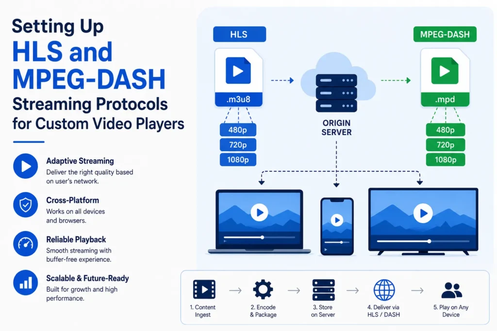 HLS and MPEG-DASH streaming protocol setup infographic showing adaptive bitrate streaming workflow, origin server architecture, and multi-device video playback.