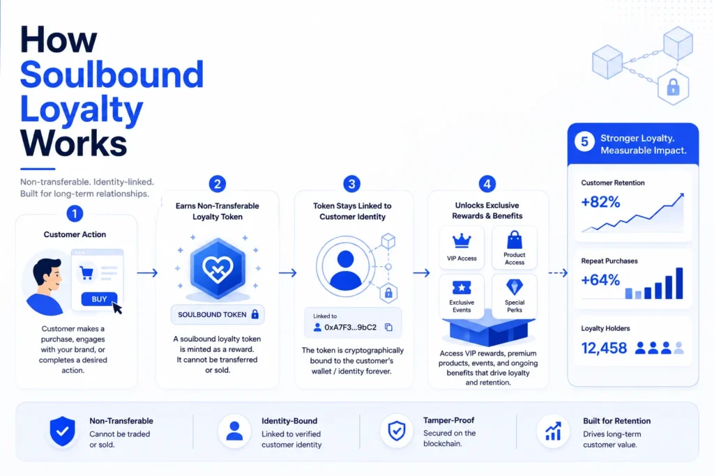 The Art Marketplace Is Dead: Why B2B “Soulbound” Loyalty Is the Future of NFTs 1 Soulbound token loyalty flow for NFT loyalty platform customer retention