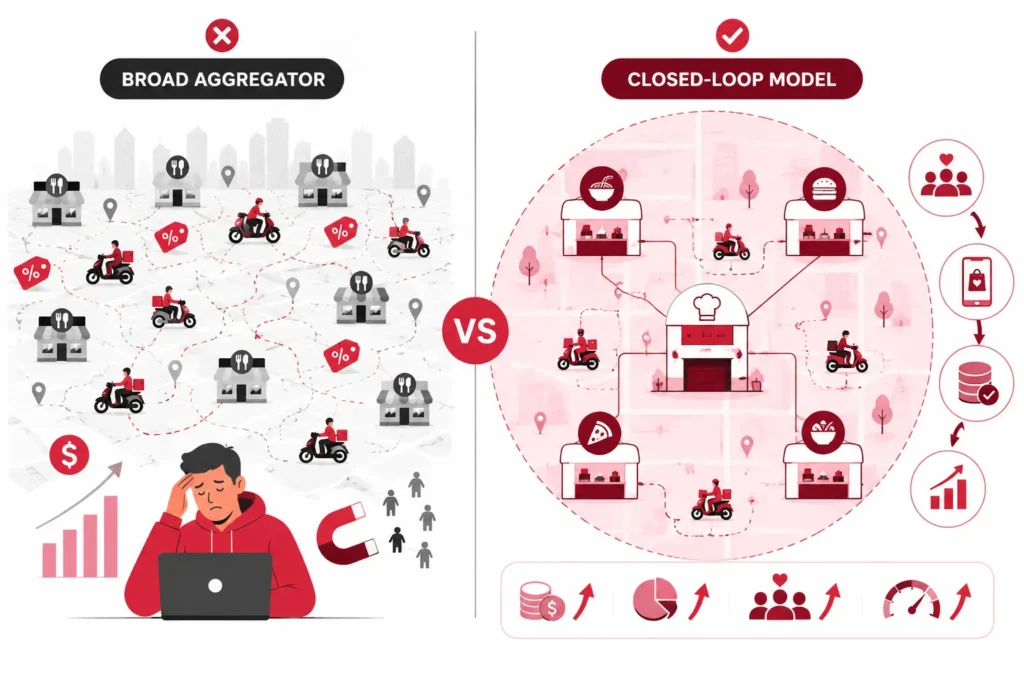 Aggregator model versus closed-loop ghost kitchen delivery strategy for food delivery founders