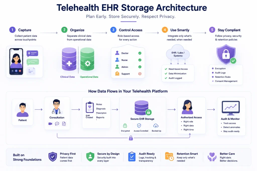 Telehealth EHR storage architecture infographic showing secure patient data flow, encrypted EHR systems, HIPAA compliance, role-based access control, audit monitoring, and privacy-focused telehealth infrastructure.