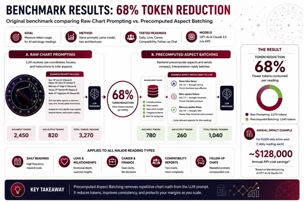 Cutting AI Astrology Costs by 68%: Benchmarking Precomputed Aspects in Natal Charts 2 Benchmark dashboard showing 68 percent token reduction from precomputed aspect batching in AI astrology readings.