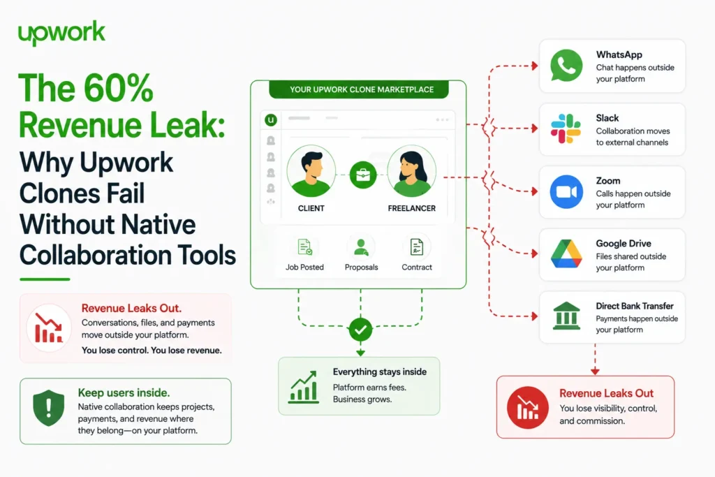 Platform leakage diagram showing Upwork clone users moving to external tools