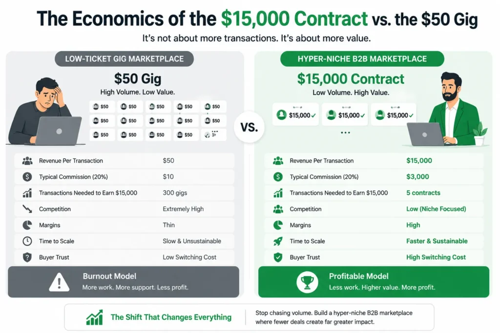Hyper-Niche B2B Marketplace economics comparing a 15000 dollar B2B contract with a 50 dollar freelance gig