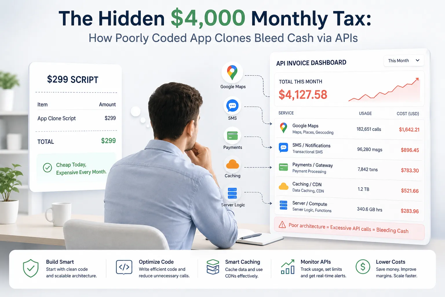 Feature image showing a startup founder comparing a cheap $299 app clone script receipt with a rising API invoice dashboard displaying costs for Google Maps, SMS, payments, caching, and server logic.