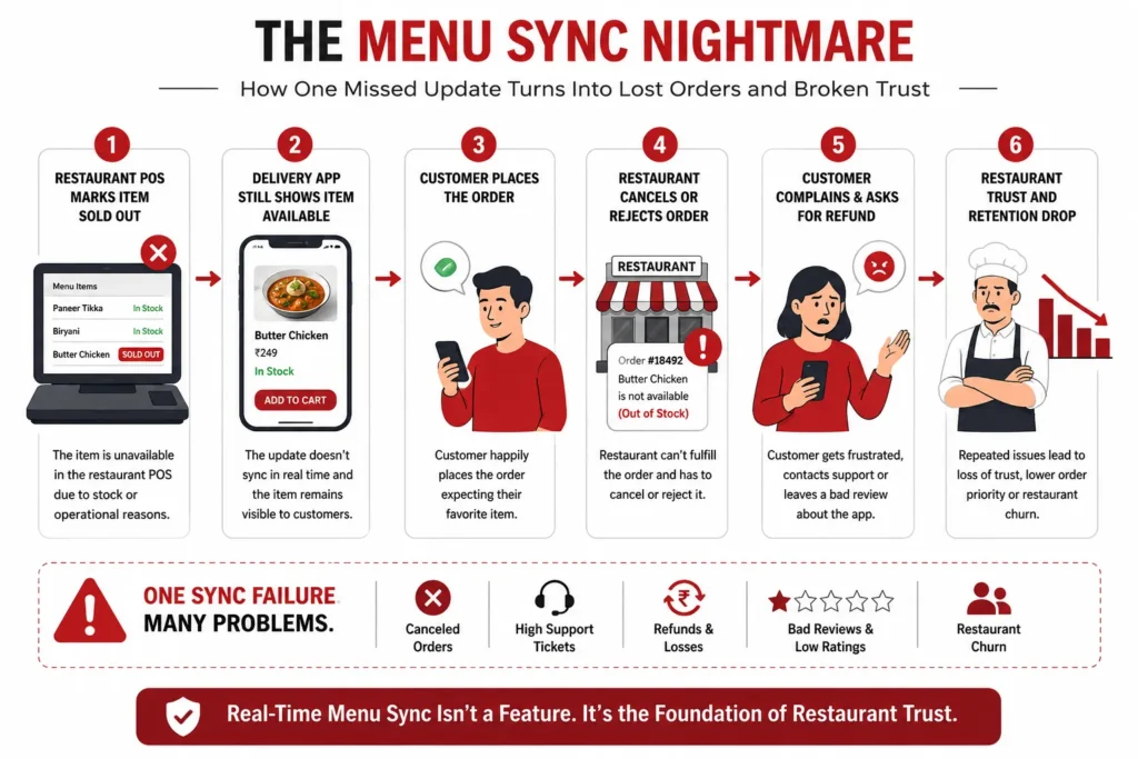 Menu sync nightmare flowchart showing sold-out POS item still available in a food delivery app