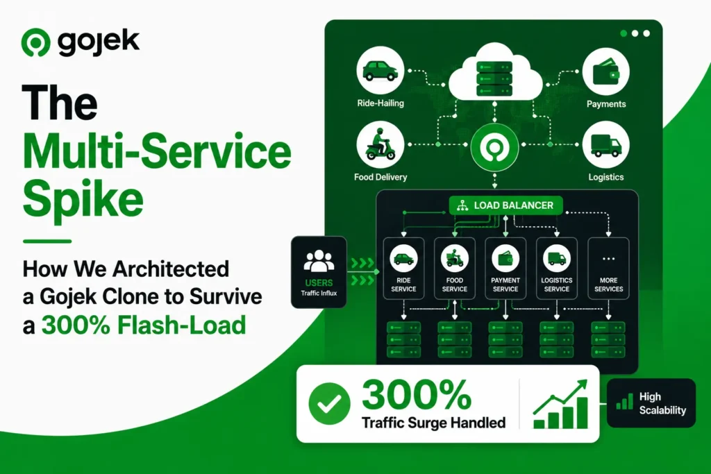 Gojek clone architecture graphic showing multi-service load balancing, ride-hailing, food delivery, payments, logistics, isolated service databases, and 300% traffic surge handling.
