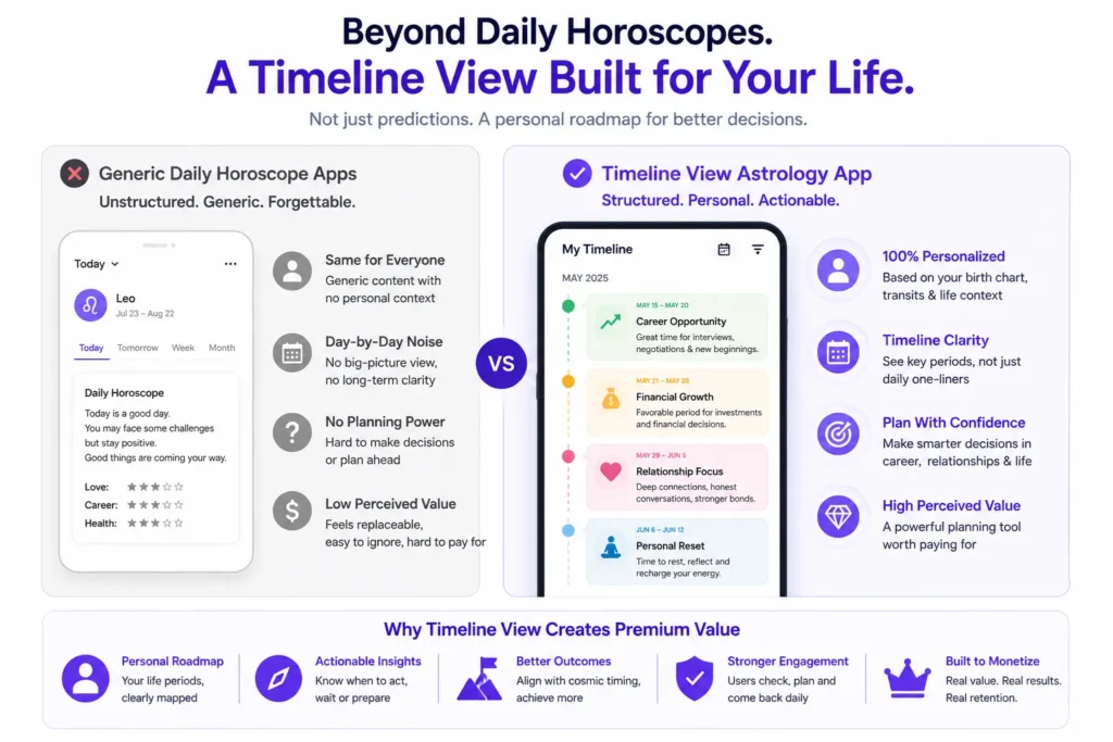 Timeline View astrology app showing transits lunar cycles relationship windows and career themes