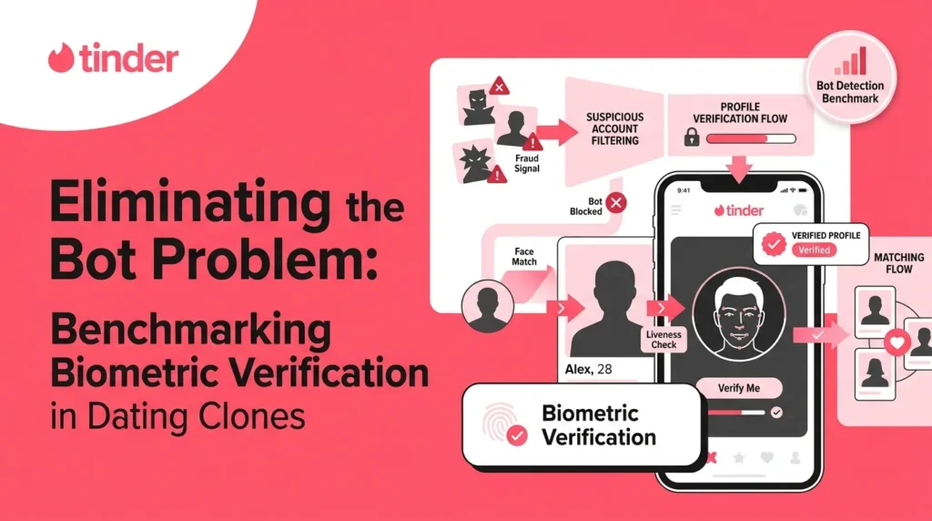 Tinder-style dating app infographic showing biometric verification, face matching, liveness checks, suspicious account filtering, verified profiles, bot blocking, fraud detection, and secure matching flow.
