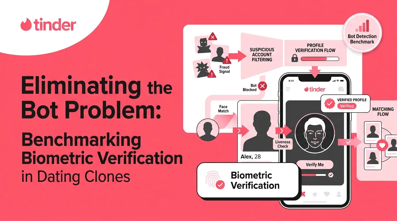 Tinder-style dating app infographic showing biometric verification, face matching, liveness checks, suspicious account filtering, verified profiles, bot blocking, fraud detection, and secure matching flow.