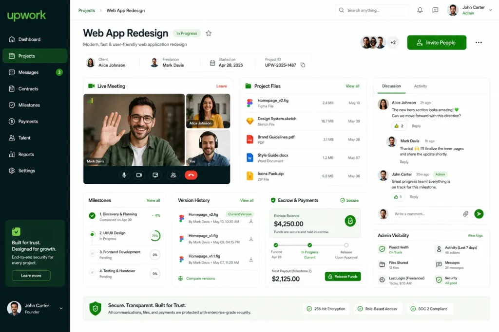 Upwork clone native collaboration tools inside a virtual project workspace
