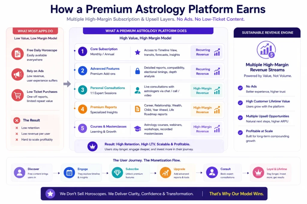 Premium astrology app monetization model with subscriptions reports consultations and creator content