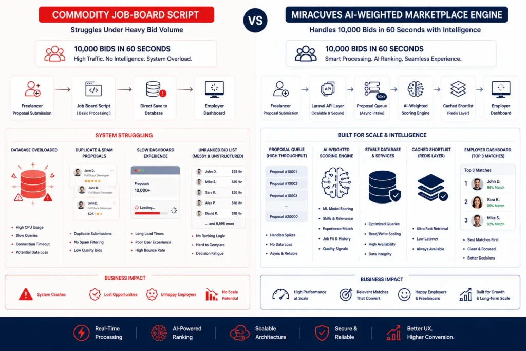Comparison of commodity job-board script failure and Miracuves AI-weighted Upwork clone handling high bid volume