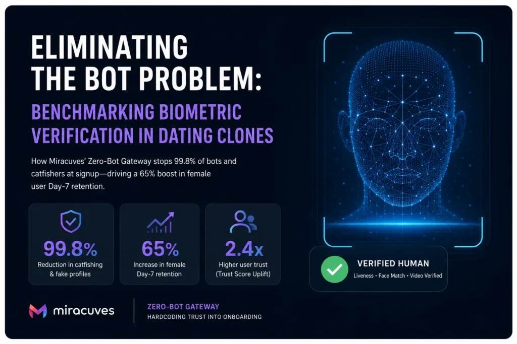 Eliminating the Bot Problem: Benchmarking Biometric Verification in Dating Clones 1 Zero-Bot Gateway architecture showing biometric liveness detection, face matching, device-risk checks, manual review, and verified dating-app access