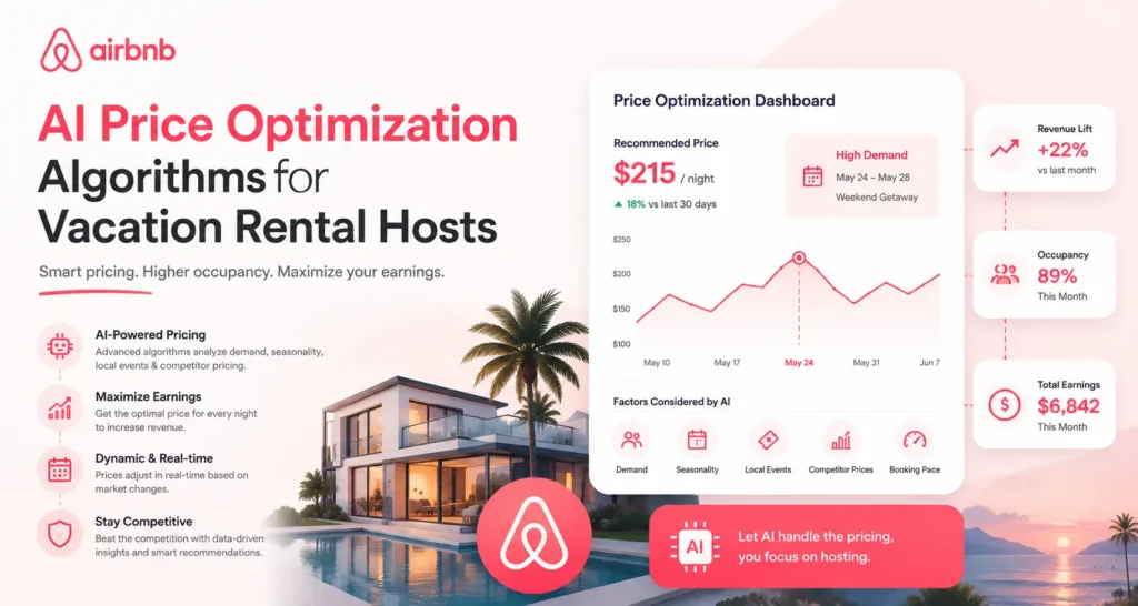 Infographic showing AI-powered price optimization dashboard for vacation rental hosts with dynamic pricing, occupancy tracking, revenue growth, demand forecasting, and Airbnb-style rental analytics.