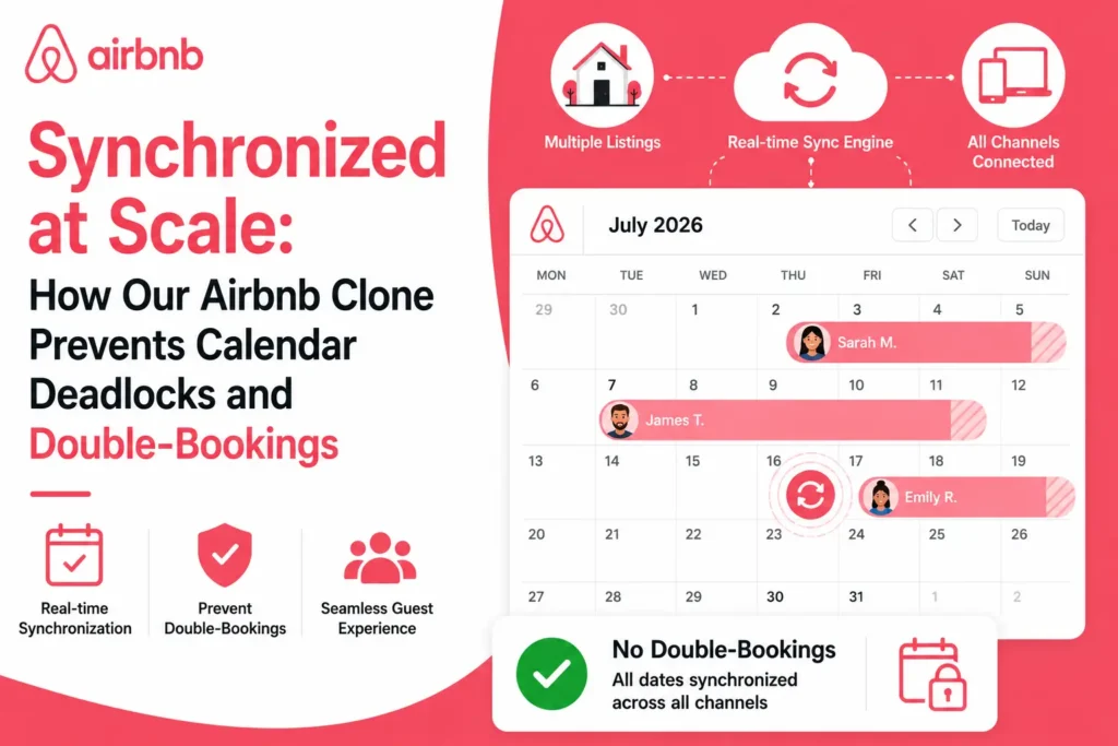 Airbnb clone calendar synchronization infographic showing real-time booking sync engine, multiple listings, channel management, and double-booking prevention in July 2026