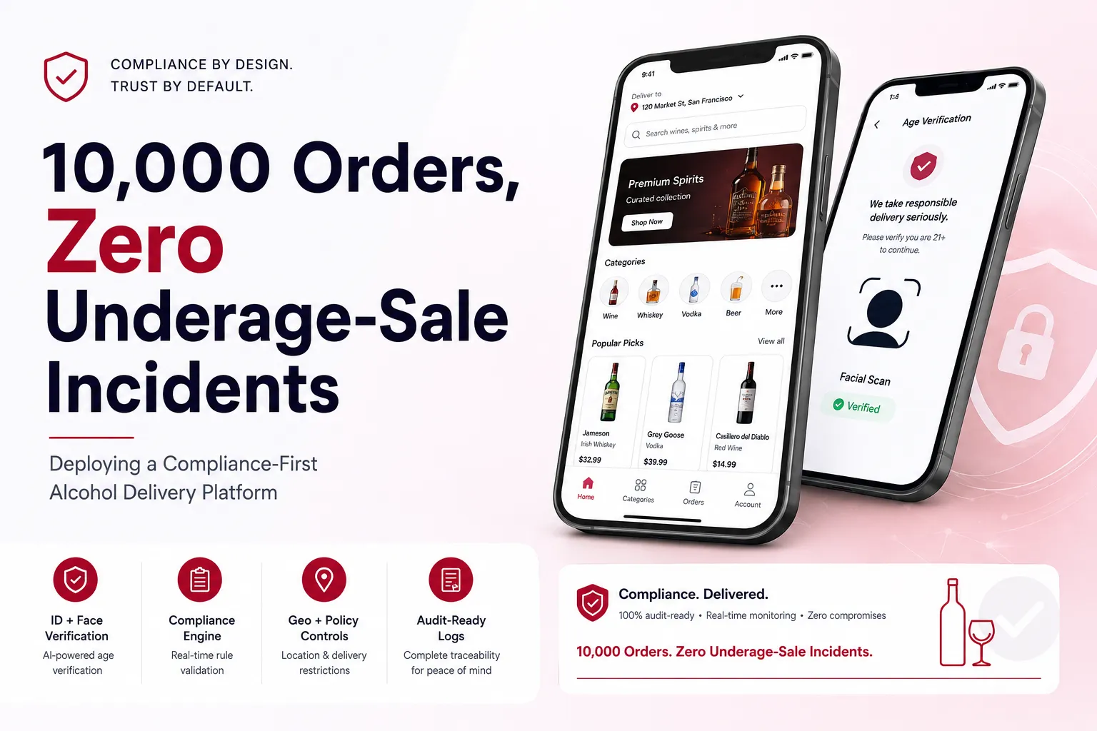 Alcohol delivery compliance featured image showing mobile liquor delivery app, age verification, facial scan, ID verification, geo-policy controls, compliance engine, audit-ready logs, real-time monitoring, and zero underage-sale incidents.