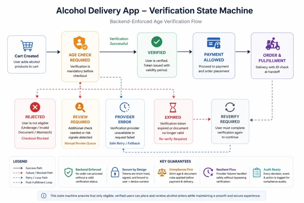 10,000 Orders, Zero Underage-Sale Incidents: Deploying a Compliance-First Alcohol Delivery Platform 2 Alcohol delivery app age verification state machine with approved, review, rejected, expired, and retry outcomes