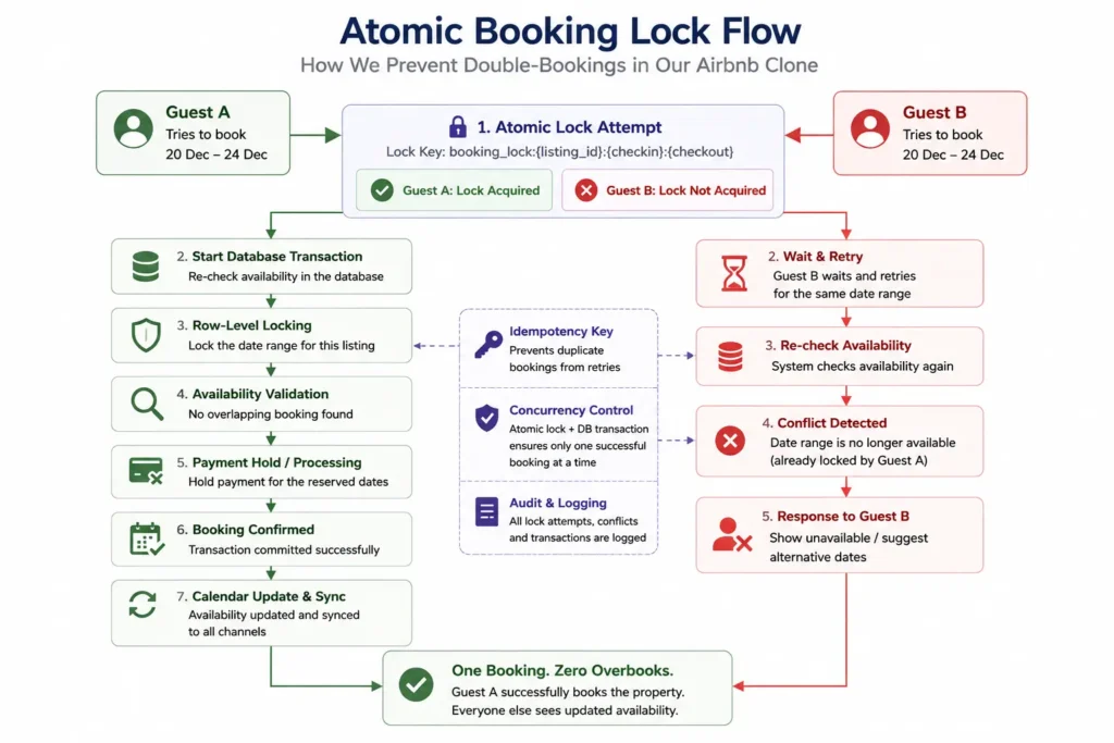Synchronized at Scale: How Our Airbnb Clone Prevents Calendar Deadlocks and Double-Bookings 1 Atomic booking lock flow diagram for an Airbnb clone showing concurrent guest booking attempts, database transactions, row-level locking, idempotency keys, and double-booking prevention