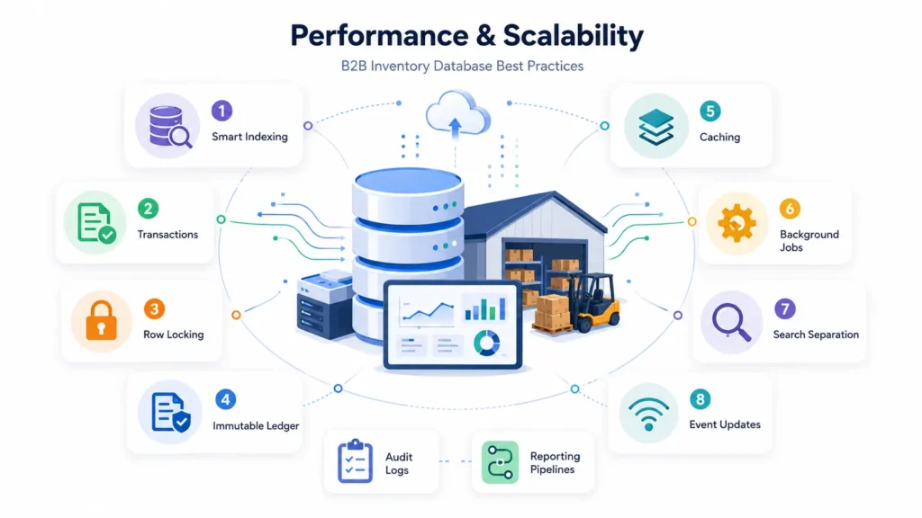 Multi-vendor inventory management database architecture for B2B app showcasing performance & scalability best practices