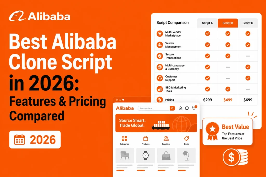 Features and pricing comparison table for Alibaba clone scripts showing three scripts with various functionalities and costs