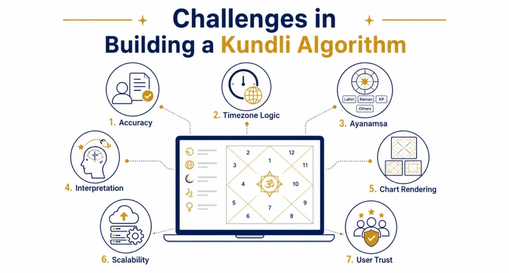 Vector illustration of a laptop displaying a Kundli chart, surrounded by icons for accuracy, timezone logic, ayanamsa, interpretation, chart rendering, scalability, and user trust.