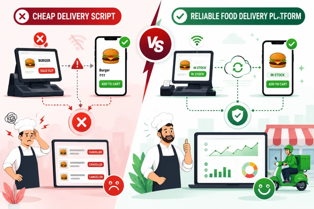 Cheap food delivery script versus reliable food delivery platform with real-time menu sync and restaurant controls