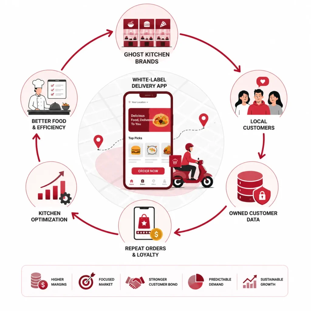 Closed-loop ghost kitchen delivery ecosystem with owned app and repeat orders