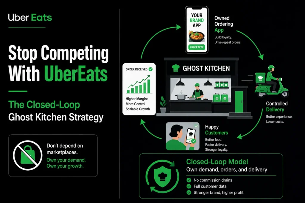 Corporate illustration showing a ghost kitchen using its own ordering app, controlled delivery fleet, and customer loop instead of relying on Uber Eats.