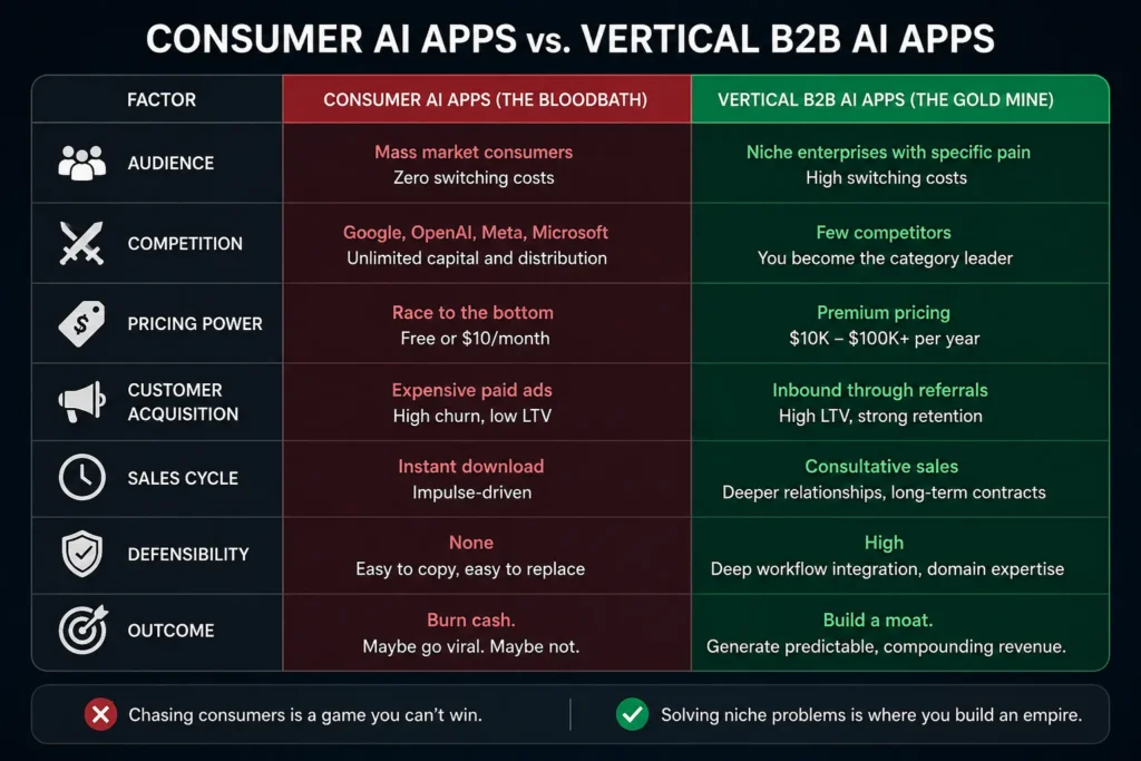 Consumer AI apps compared with vertical B2B AI tools across competition, pricing, retention, and defensibility