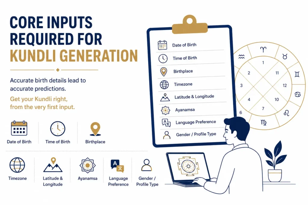 Core inputs required for Kundli generation including date of birth, time of birth, birthplace, timezone, latitude, longitude, ayanamsa, language preference, and profile type