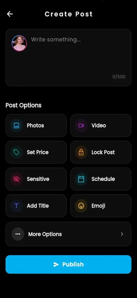 OnlyFans clone create post screen with premium content publishing, media uploads, post scheduling, pricing, and locked content options