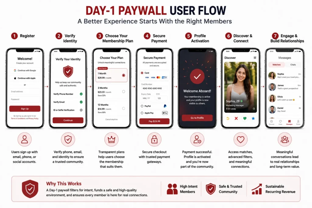 Day-1 paywall user flow for a dating app from registration and verification to payment, profile activation, matching, and messaging
