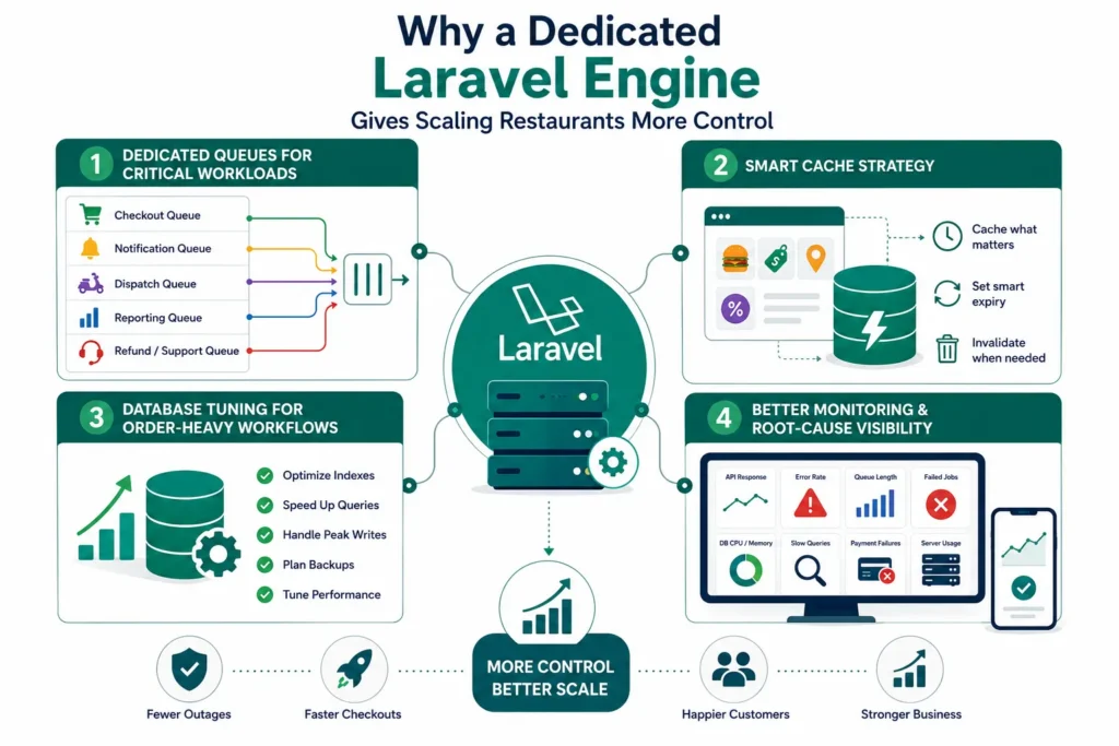 Dedicated Laravel engine architecture showing queues, caching, database tuning, and monitoring for scaling restaurant and food delivery platforms