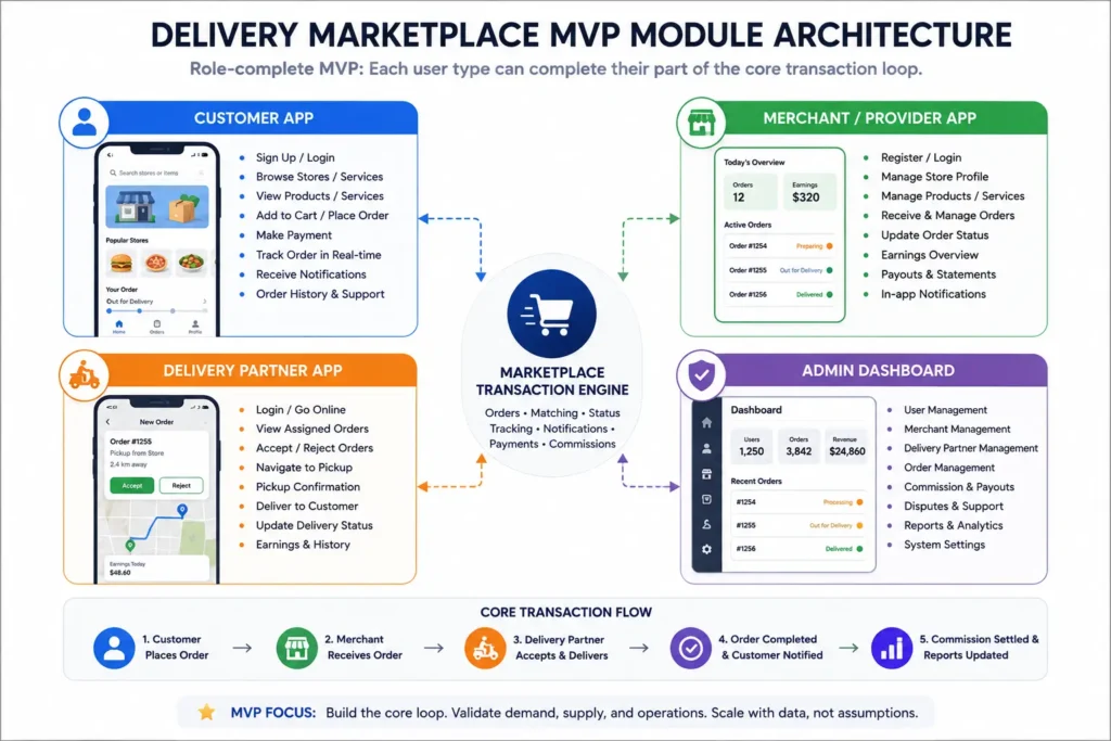 Delivery marketplace MVP module architecture with customer provider delivery partner and admin dashboard