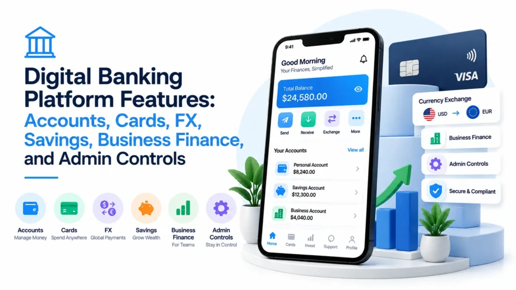 Digital banking platform features including accounts, cards, FX, savings, business finance, security, and admin controls.
