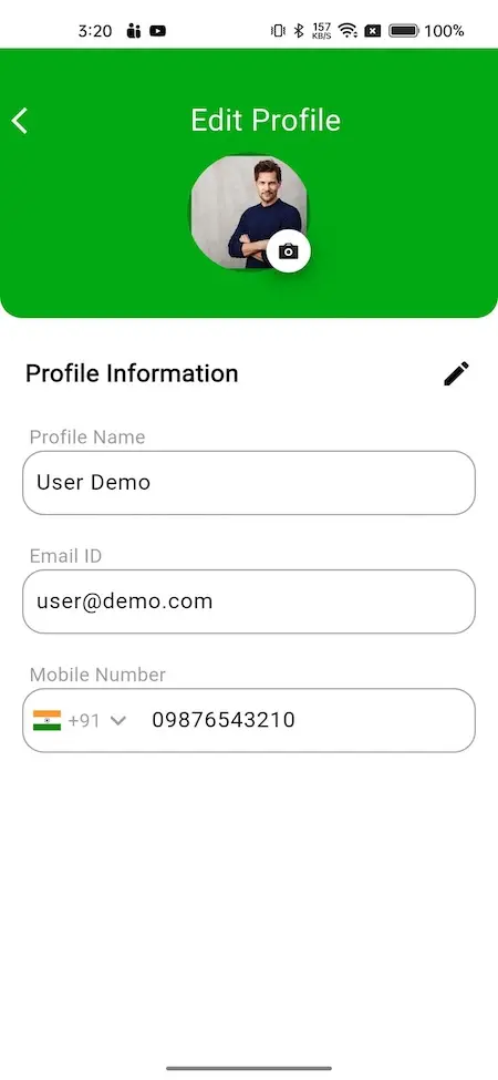 Gojek Clone 25 Profile edit screen with user's picture and details, including 'User Demo' name, 'user@demo.com' email, and a mobile number with a country code of +91