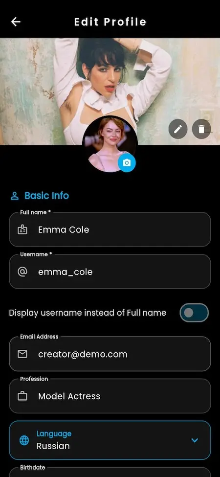 OnlyFans clone creator profile management screen with profile editing, account settings, username, email, language selection, and creator profile customization
