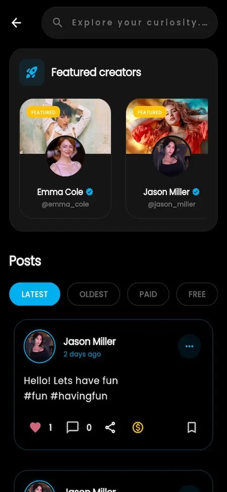 OnlyFans clone content discovery screen with featured creators, premium posts, content filters, and creator feed