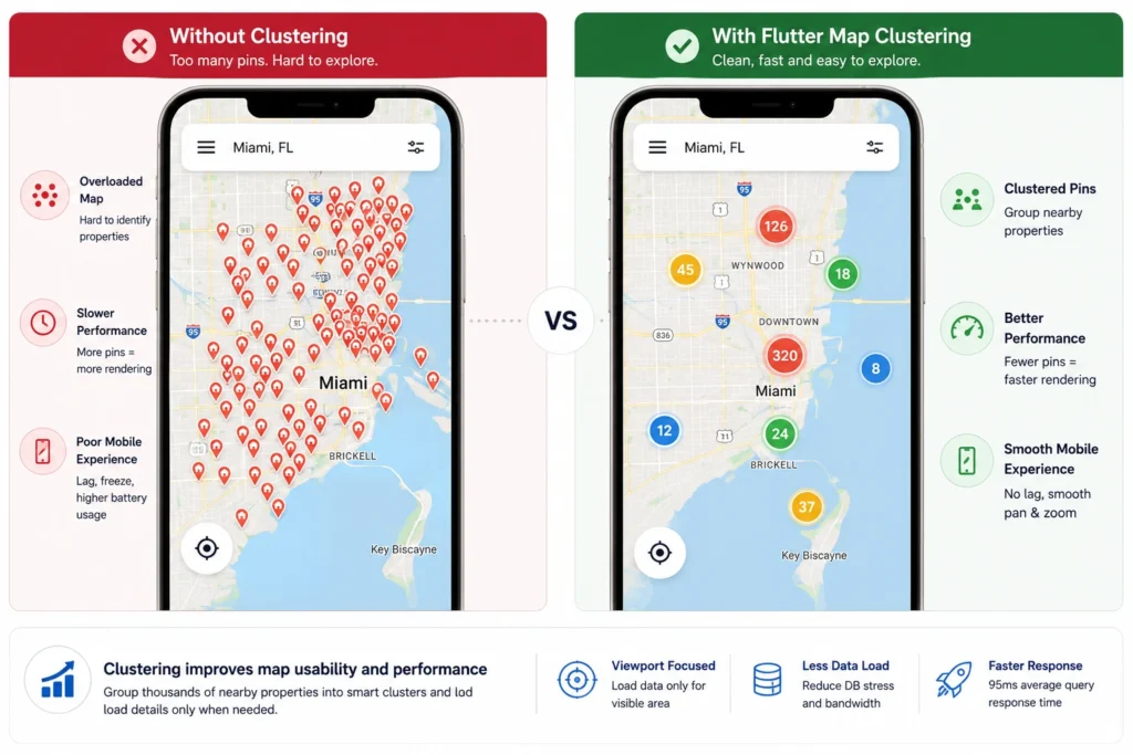 Airbnb clone geospatial queries comparison showing overloaded property pins without clustering versus clean Flutter map clustering with faster rendering and better mobile performance.