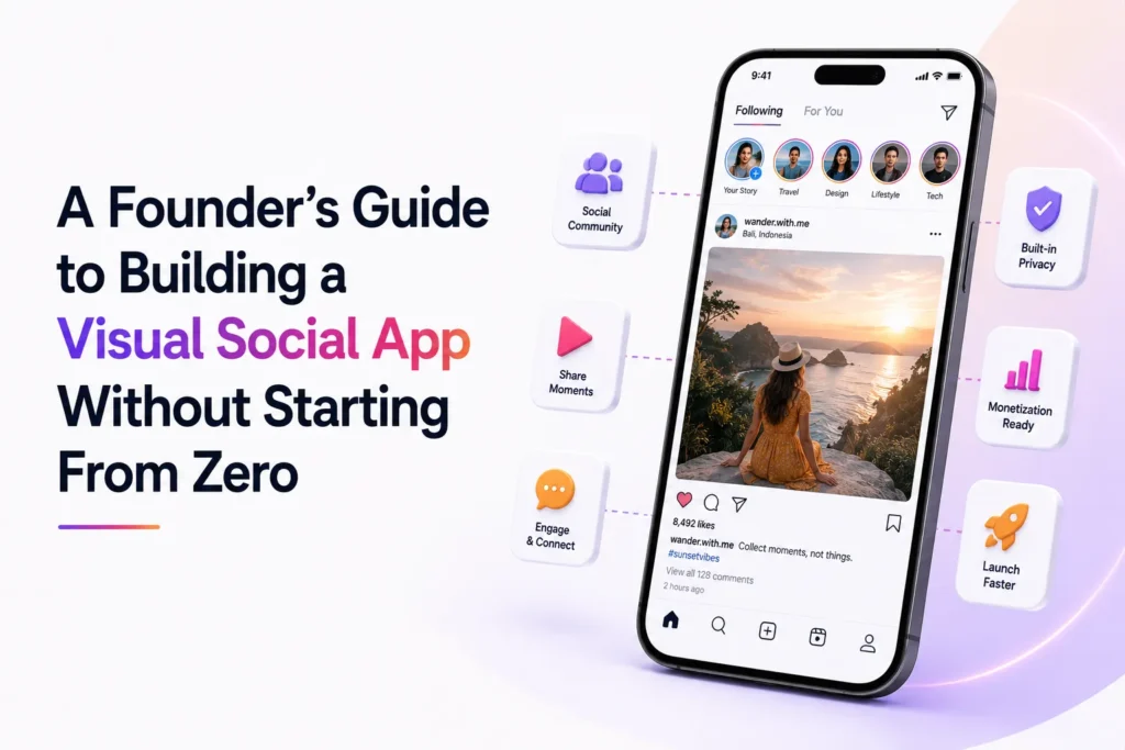 Founder’s guide to building a visual social app showing community features, content sharing, privacy, monetization, and faster launch