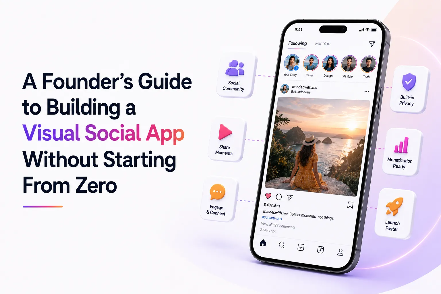 Founder’s guide to building a visual social app showing community features, content sharing, privacy, monetization, and faster launch